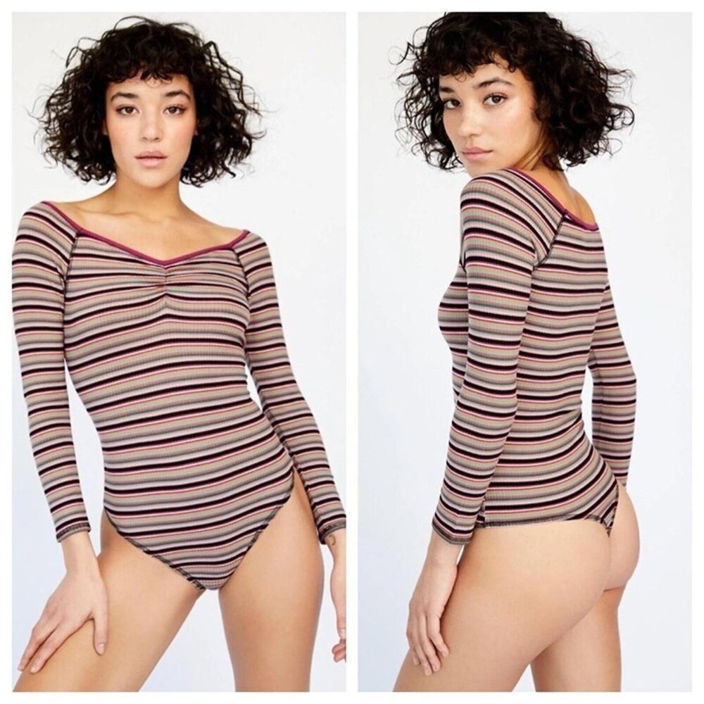 Free People Intimately Put A Stripe On It Thong Bodysuit Long Sleeve X-Small